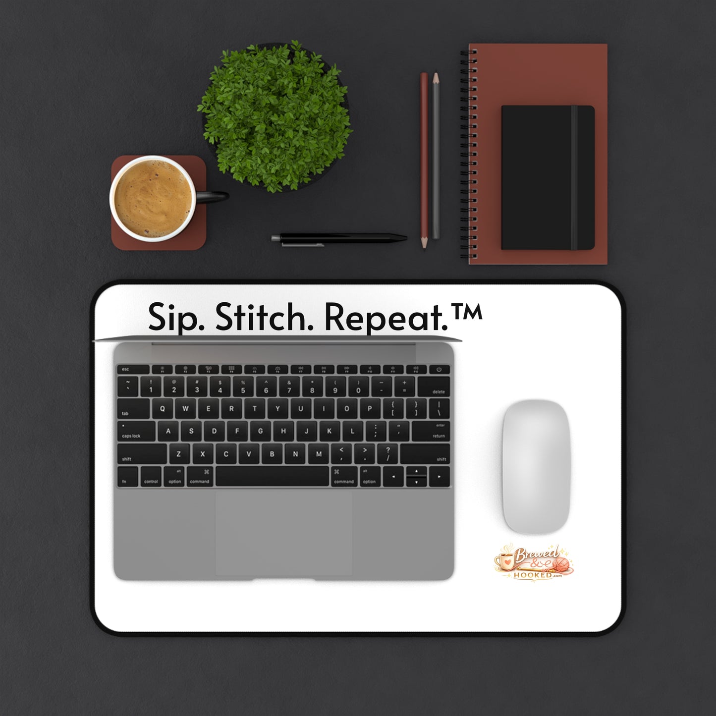 Sip Stitch Repeat™ Desk Mat – Large Aesthetic Mouse Pad for Home Office, Craft Room & Coffee Loving Creatives
