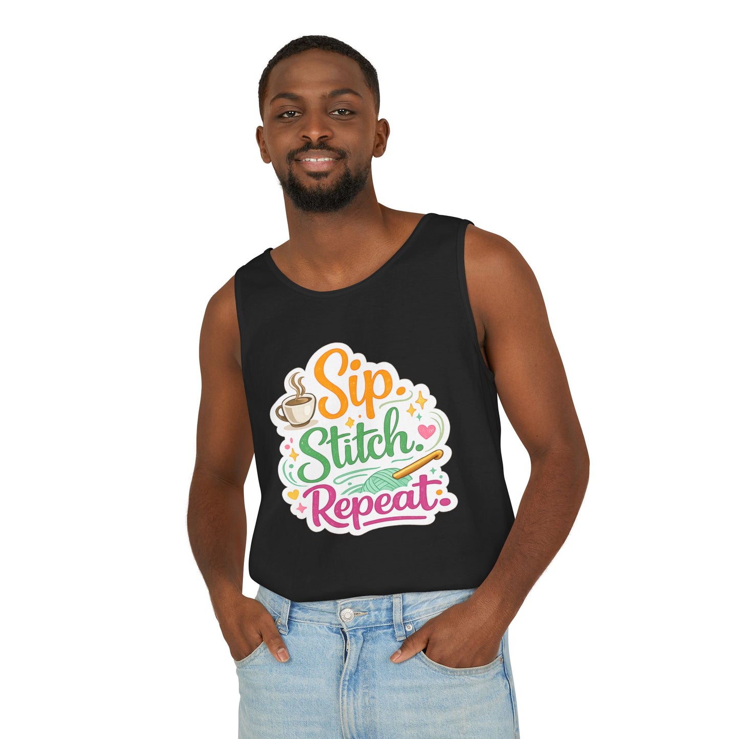Sip. Stitch. Repeat.™ Tank Top – Crochet & Knitting Tank | Coffee Lover Craft Shirt