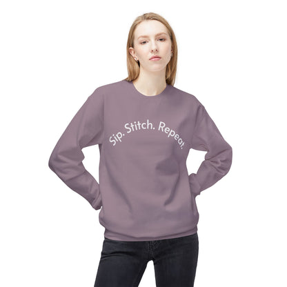 Sip Stitch Repeat™ Crochet & Knitting Sweatshirt – Brewed & Hooked Cozy Crewneck for Yarn Lovers, Coffee & Crochet Gift