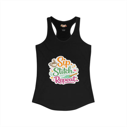 Sip. Stitch. Repeat.™ Racerback Tank – Crochet Lover Coffee Craft Tank Top | Cozy Yarn Lover Gift