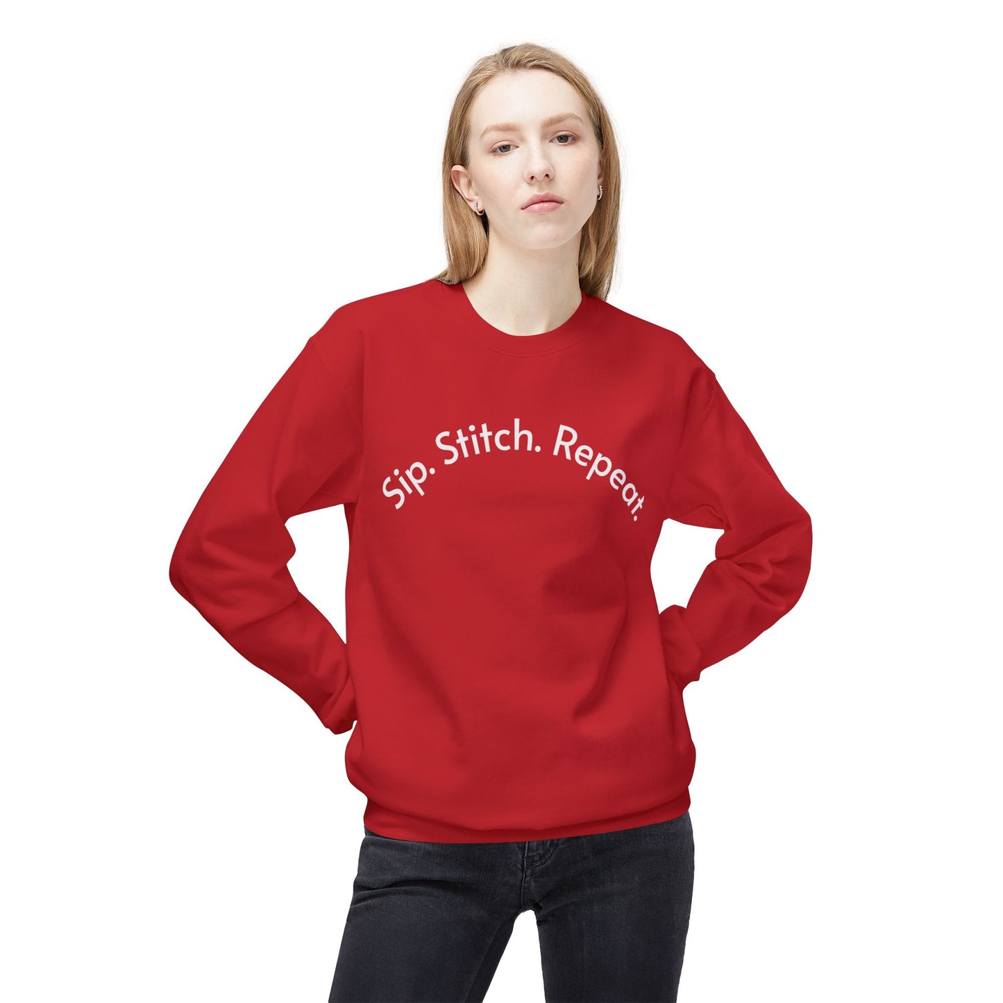 Sip Stitch Repeat™ Crochet & Knitting Sweatshirt – Brewed & Hooked Cozy Crewneck for Yarn Lovers, Coffee & Crochet Gift