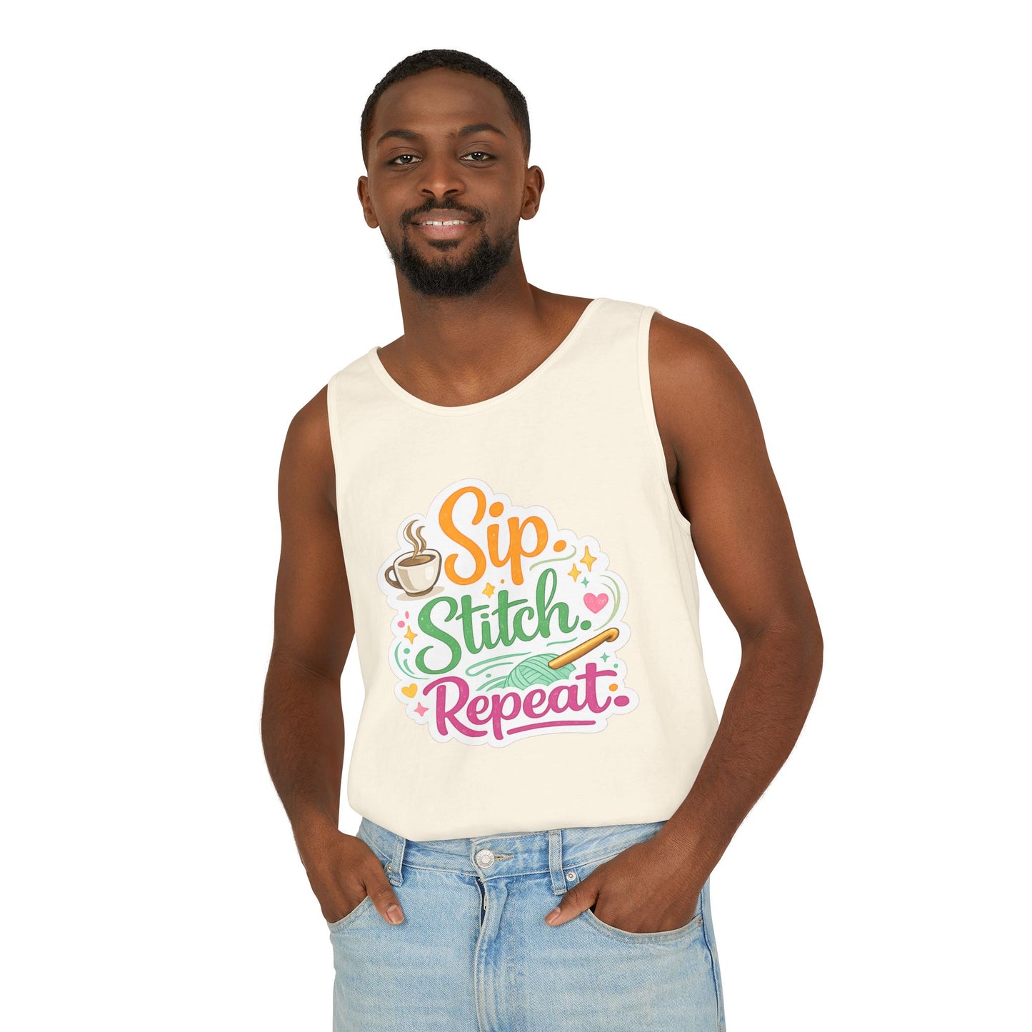Sip. Stitch. Repeat.™ Tank Top – Crochet & Knitting Tank | Coffee Lover Craft Shirt