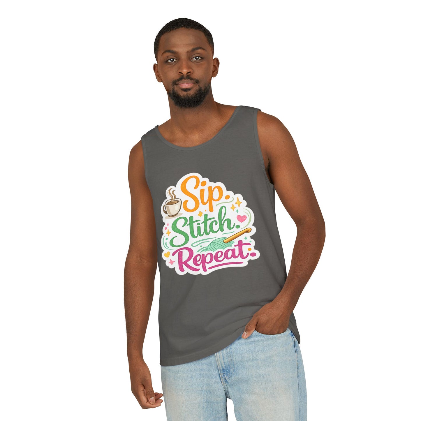 Sip. Stitch. Repeat.™ Tank Top – Crochet & Knitting Tank | Coffee Lover Craft Shirt