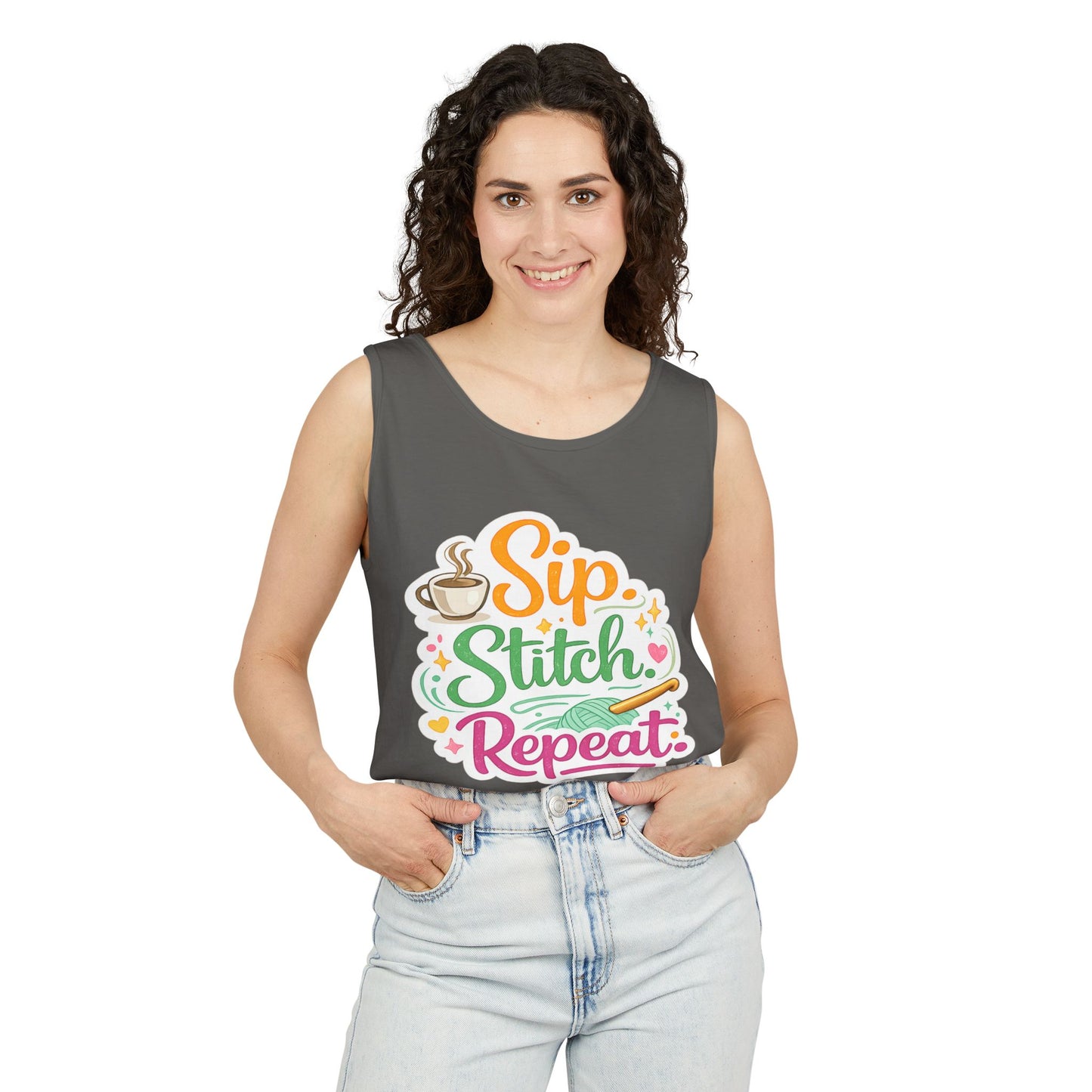 Sip. Stitch. Repeat.™ Tank Top – Crochet & Knitting Tank | Coffee Lover Craft Shirt