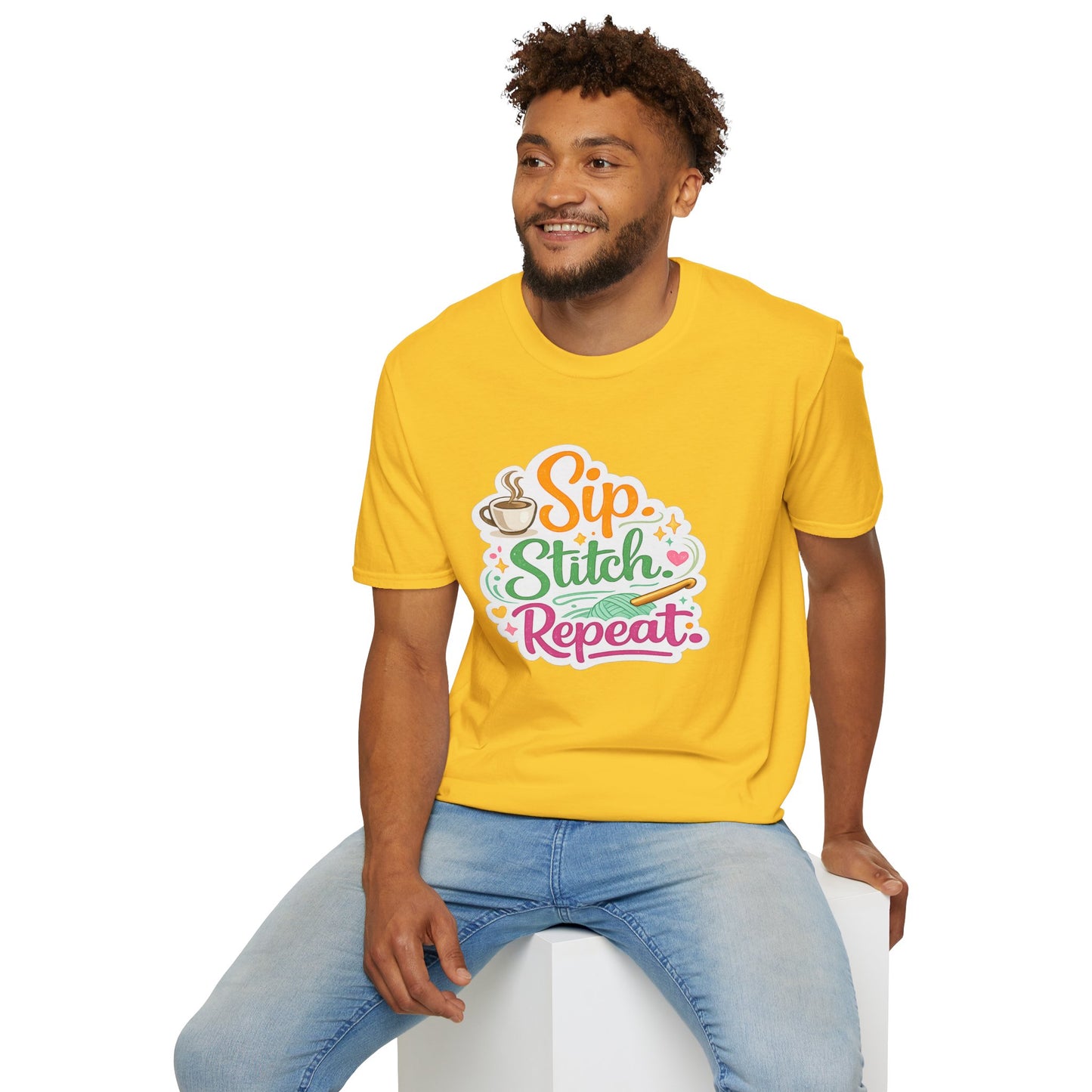 Sip. Stitch. Repeat.™ T-Shirt — Cute Crochet Knitting Crafter Tee