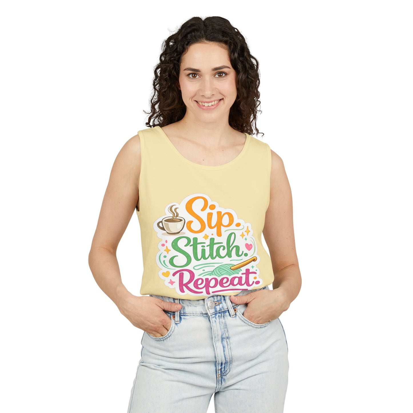 Sip. Stitch. Repeat.™ Tank Top – Crochet & Knitting Tank | Coffee Lover Craft Shirt