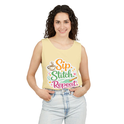 Sip. Stitch. Repeat.™ Tank Top – Crochet & Knitting Tank | Coffee Lover Craft Shirt