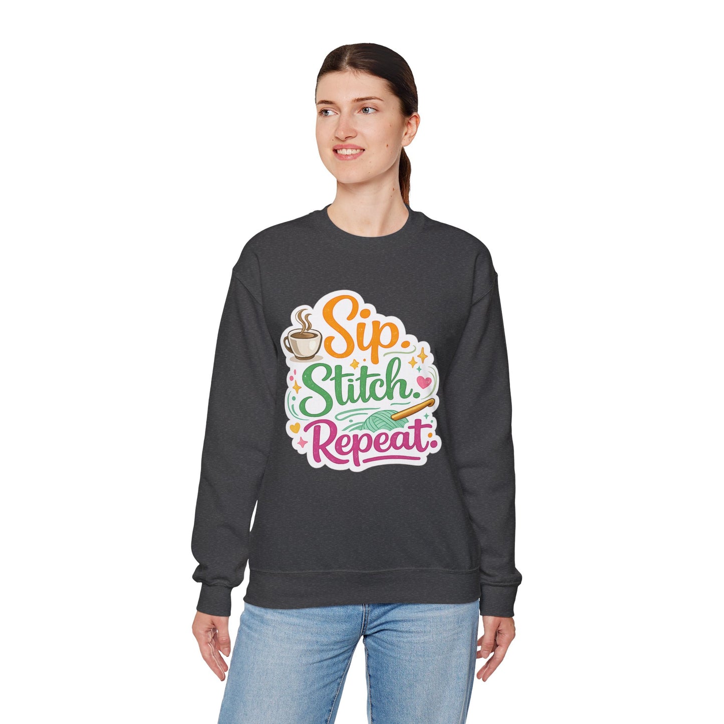 Sip. Stitch. Repeat.™ Sweatshirt — Cozy Maker Crewneck