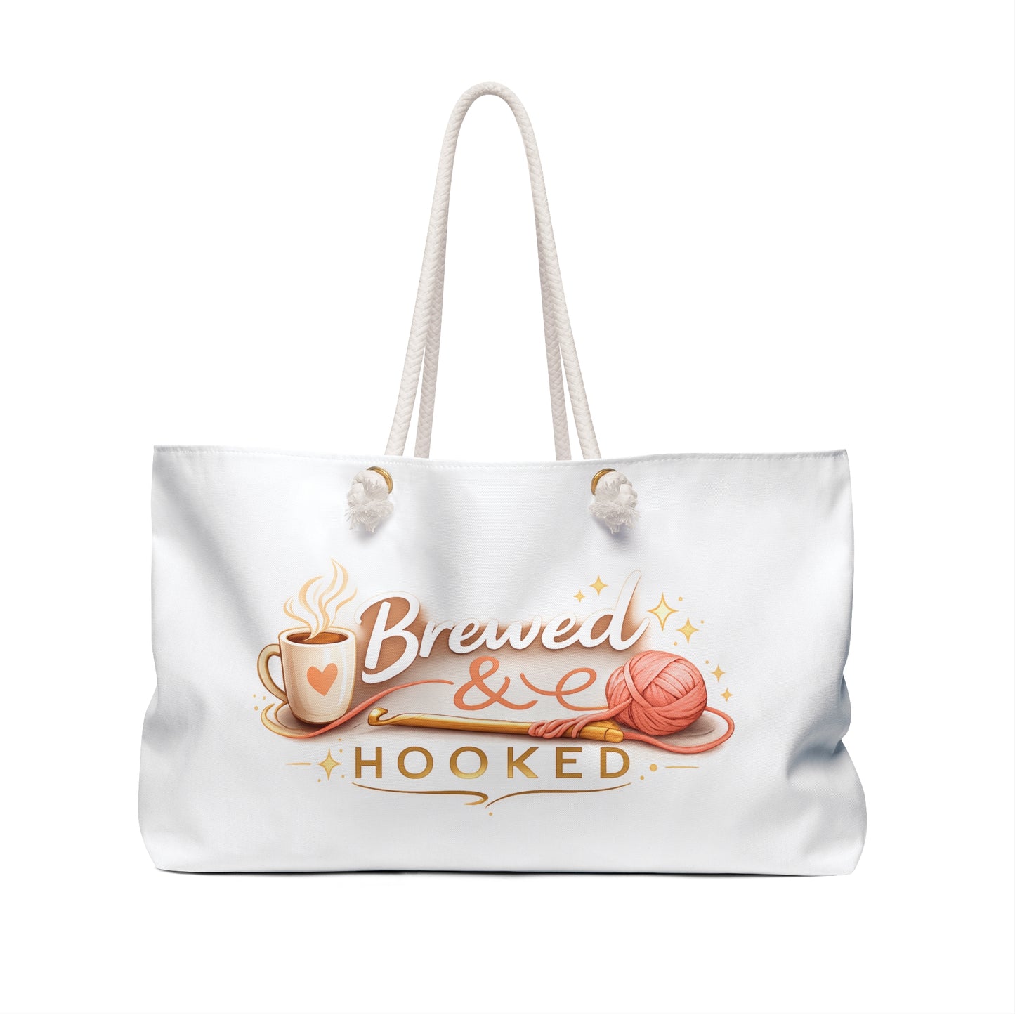 Crochet & Knitting Project Weekender Bag – “Sip. Stitch. Repeat.” Yarn Tote with Brewed & Hooked Design | Large Craft Project Travel Bag