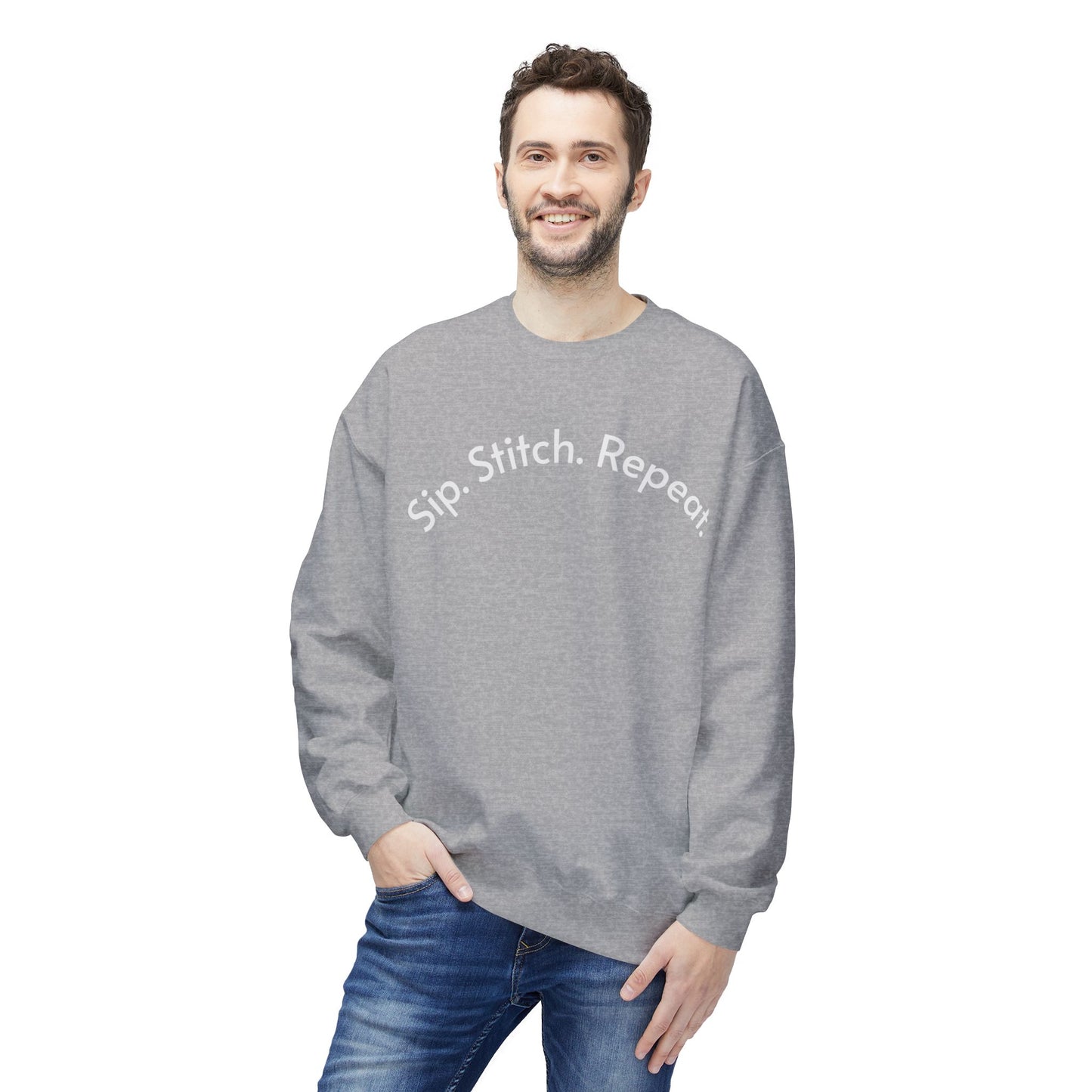 Sip Stitch Repeat™ Crochet & Knitting Sweatshirt – Brewed & Hooked Cozy Crewneck for Yarn Lovers, Coffee & Crochet Gift