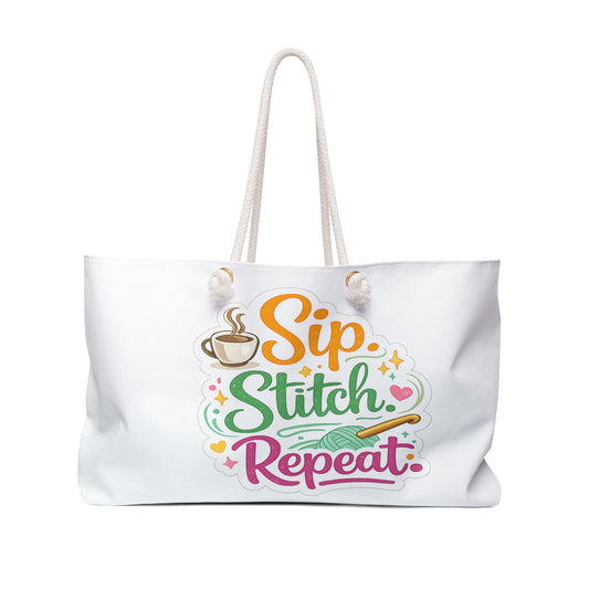 Crochet & Knitting Project Weekender Bag – “Sip. Stitch. Repeat.” Yarn Tote with Brewed & Hooked Design | Large Craft Project Travel Bag