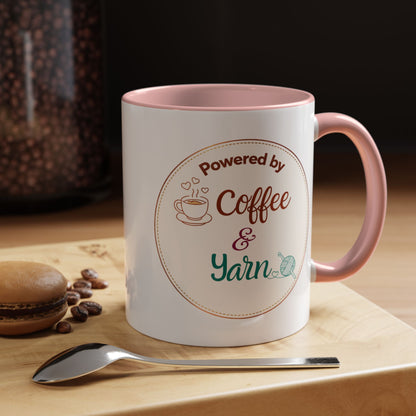 Left-Handed Coffee & Yarn Mug – “Powered by Coffee & Yarn” Accent Ceramic Mug for Crocheters & Knitters (11oz / 15oz)