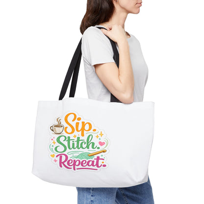 Sip. Stitch. Repeat™ Weekender Tote Bag – Crochet & Knitting Project Bag for Yarn, Craft Supplies, Coffee Lover Gift | Brewed & Hooked