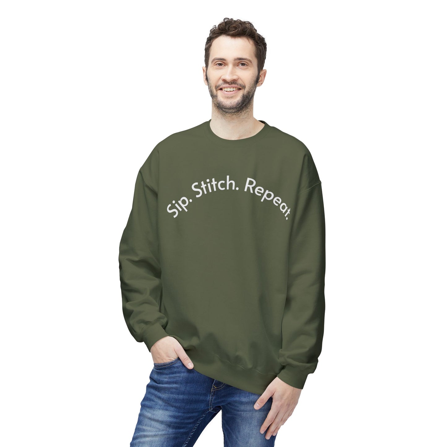 Sip Stitch Repeat™ Crochet & Knitting Sweatshirt – Brewed & Hooked Cozy Crewneck for Yarn Lovers, Coffee & Crochet Gift