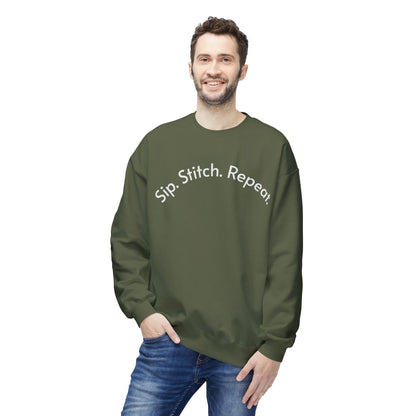 Sip Stitch Repeat™ Crochet & Knitting Sweatshirt – Brewed & Hooked Cozy Crewneck for Yarn Lovers, Coffee & Crochet Gift