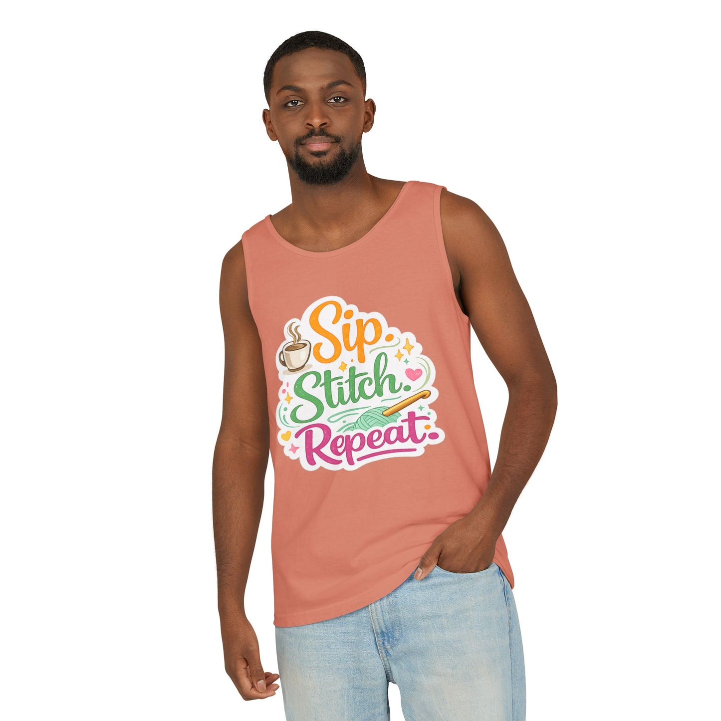 Sip. Stitch. Repeat.™ Tank Top – Crochet & Knitting Tank | Coffee Lover Craft Shirt