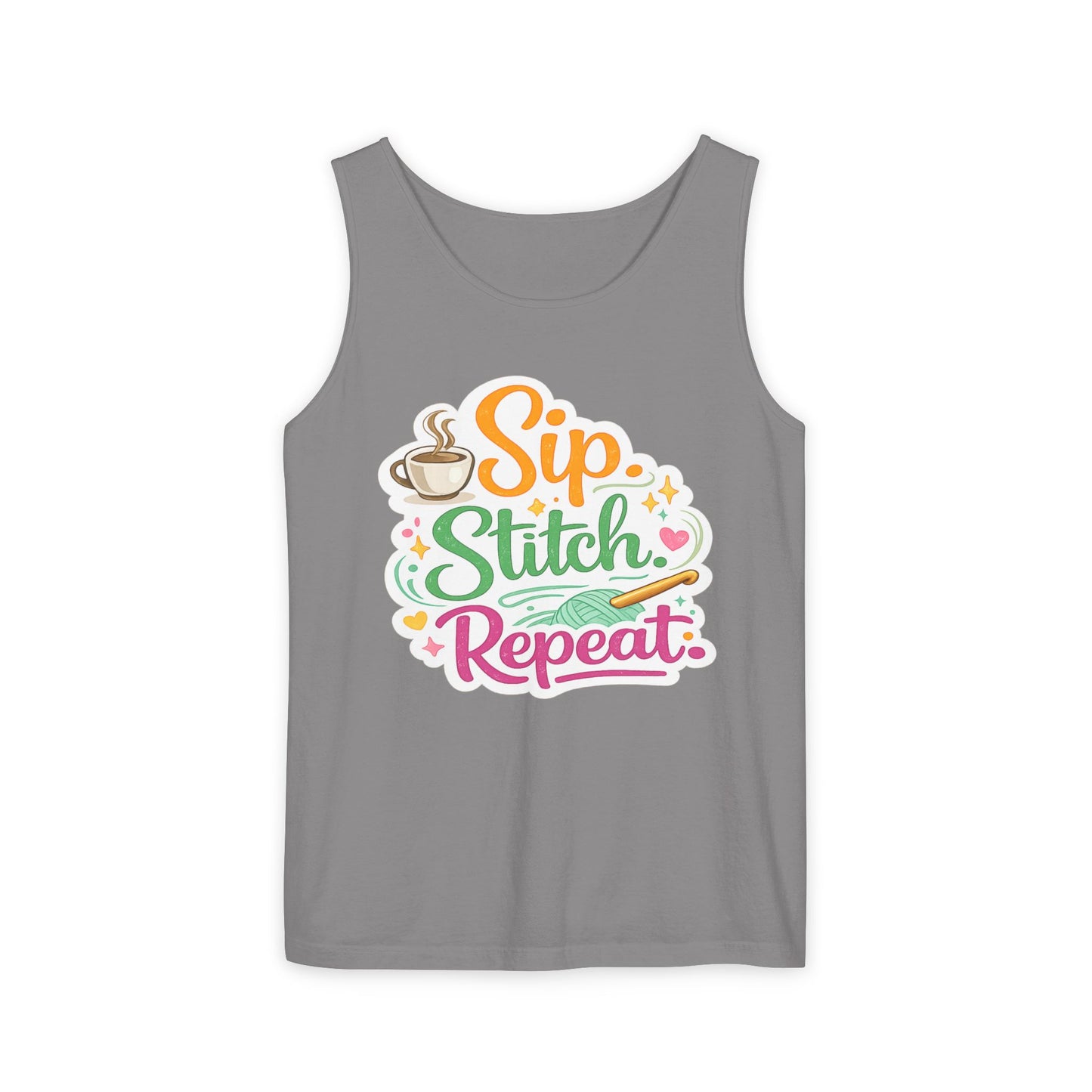 Sip. Stitch. Repeat.™ Tank Top – Crochet & Knitting Tank | Coffee Lover Craft Shirt
