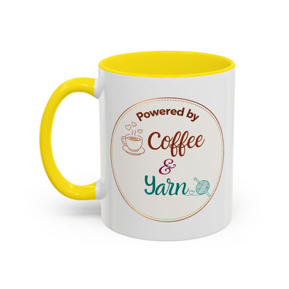 Right-Handed “Powered by Coffee & Yarn” Accent Mug – Crochet & Knitting Lover Coffee Cup, Crafter Gift, Dishwasher & Microwave Safe Ceramic Mug (11oz, 15oz)