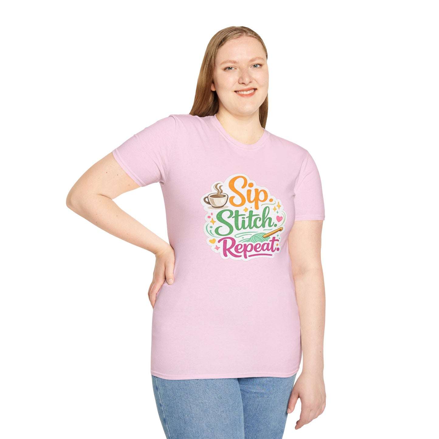 Sip. Stitch. Repeat.™ T-Shirt — Cute Crochet Knitting Crafter Tee