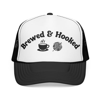 Brewed & Hooked Trucker Hat – Coffee & Yarn Crochet & Knitting Cap | Coffee Lover Craft Snapback Hat