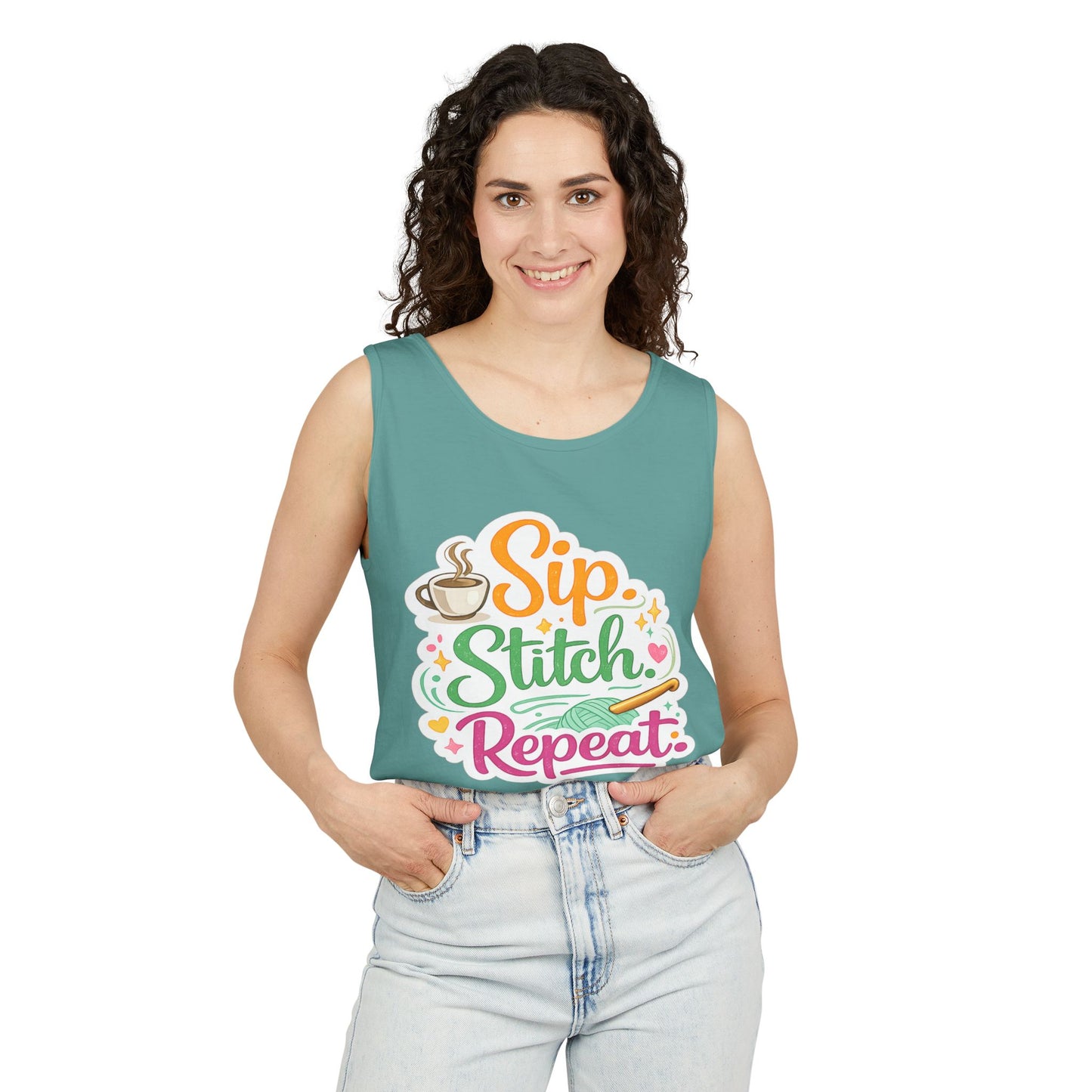 Sip. Stitch. Repeat.™ Tank Top – Crochet & Knitting Tank | Coffee Lover Craft Shirt