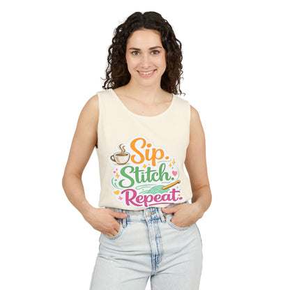 Sip. Stitch. Repeat.™ Tank Top – Crochet & Knitting Tank | Coffee Lover Craft Shirt