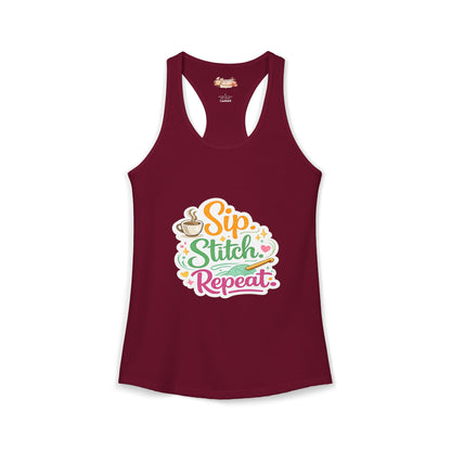 Sip. Stitch. Repeat.™ Racerback Tank – Crochet Lover Coffee Craft Tank Top | Cozy Yarn Lover Gift