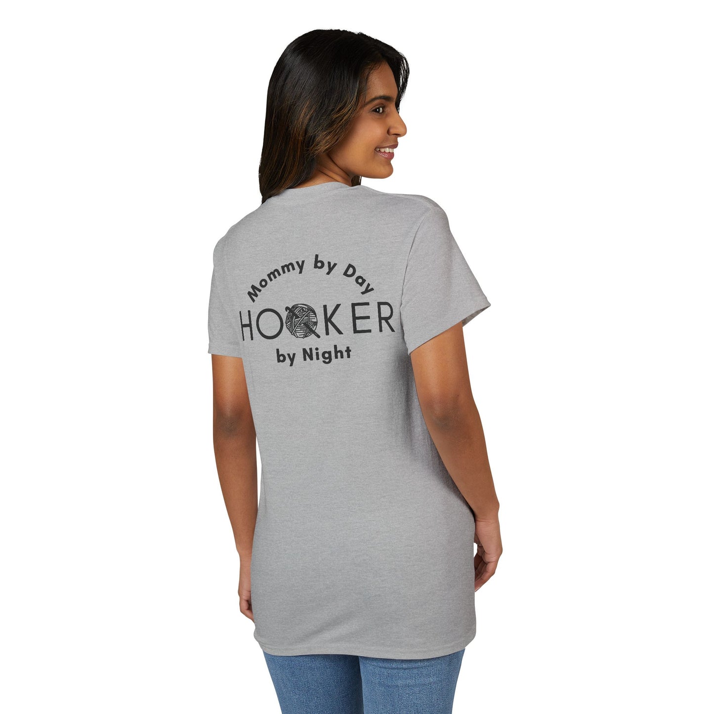 Mommy by Day, Hooker by Night Crochet Humor T-Shirt – Funny Yarn Lover Mom Tee for Crocheters & Knitters
