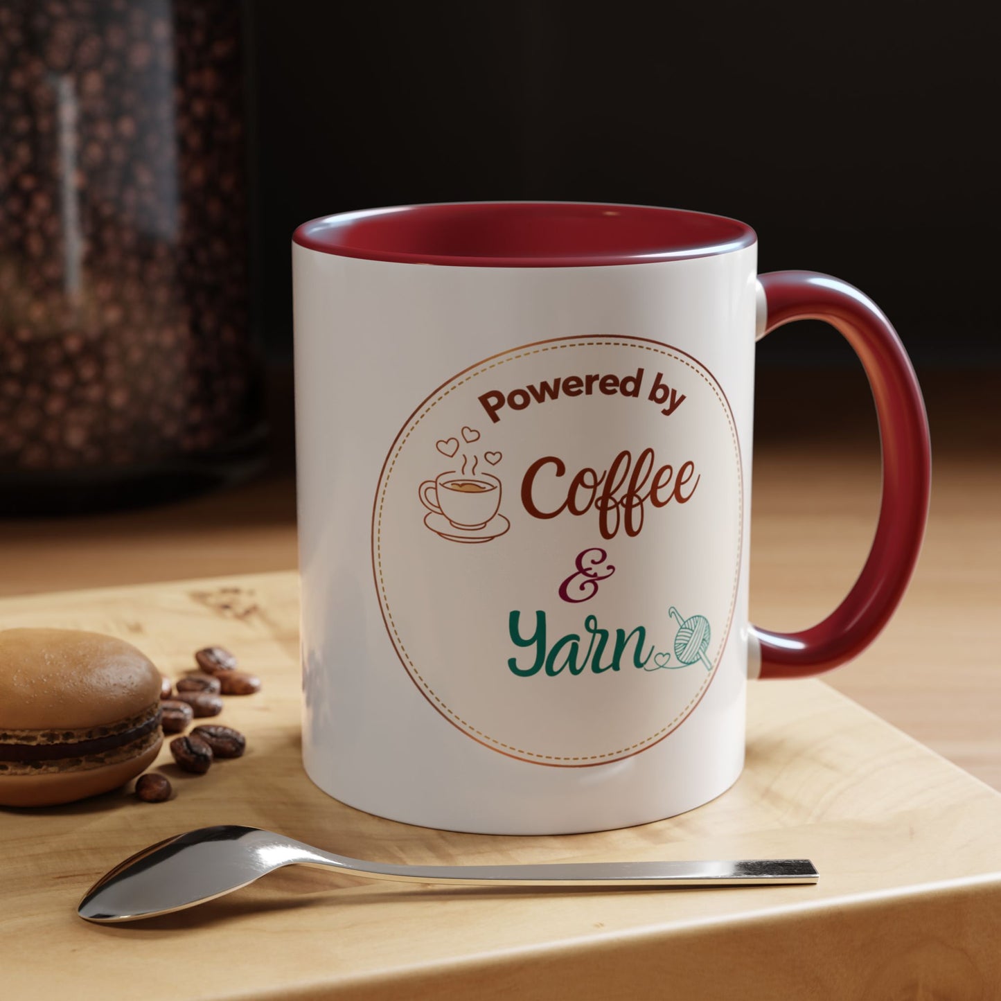 Left-Handed Coffee & Yarn Mug – “Powered by Coffee & Yarn” Accent Ceramic Mug for Crocheters & Knitters (11oz / 15oz)