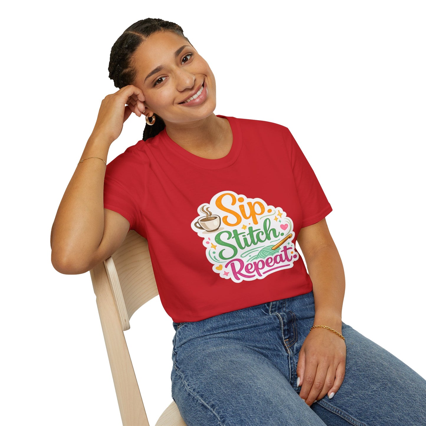 Sip. Stitch. Repeat.™ T-Shirt — Cute Crochet Knitting Crafter Tee