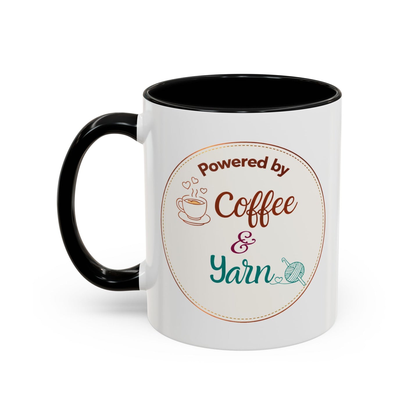 Right-Handed “Powered by Coffee & Yarn” Accent Mug – Crochet & Knitting Lover Coffee Cup, Crafter Gift, Dishwasher & Microwave Safe Ceramic Mug (11oz, 15oz)