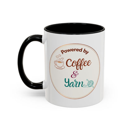 Right-Handed “Powered by Coffee & Yarn” Accent Mug – Crochet & Knitting Lover Coffee Cup, Crafter Gift, Dishwasher & Microwave Safe Ceramic Mug (11oz, 15oz)