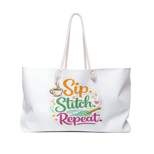 Sip Stitch Repeat Weekender Bag – Crochet Project Bag for Yarn Lovers, Knitting & Crochet Travel Tote, Craft Retreat Tote