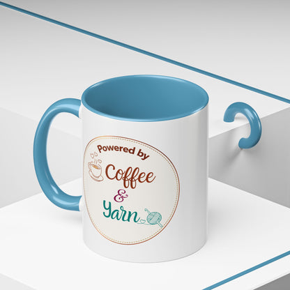 Right-Handed “Powered by Coffee & Yarn” Accent Mug – Crochet & Knitting Lover Coffee Cup, Crafter Gift, Dishwasher & Microwave Safe Ceramic Mug (11oz, 15oz)