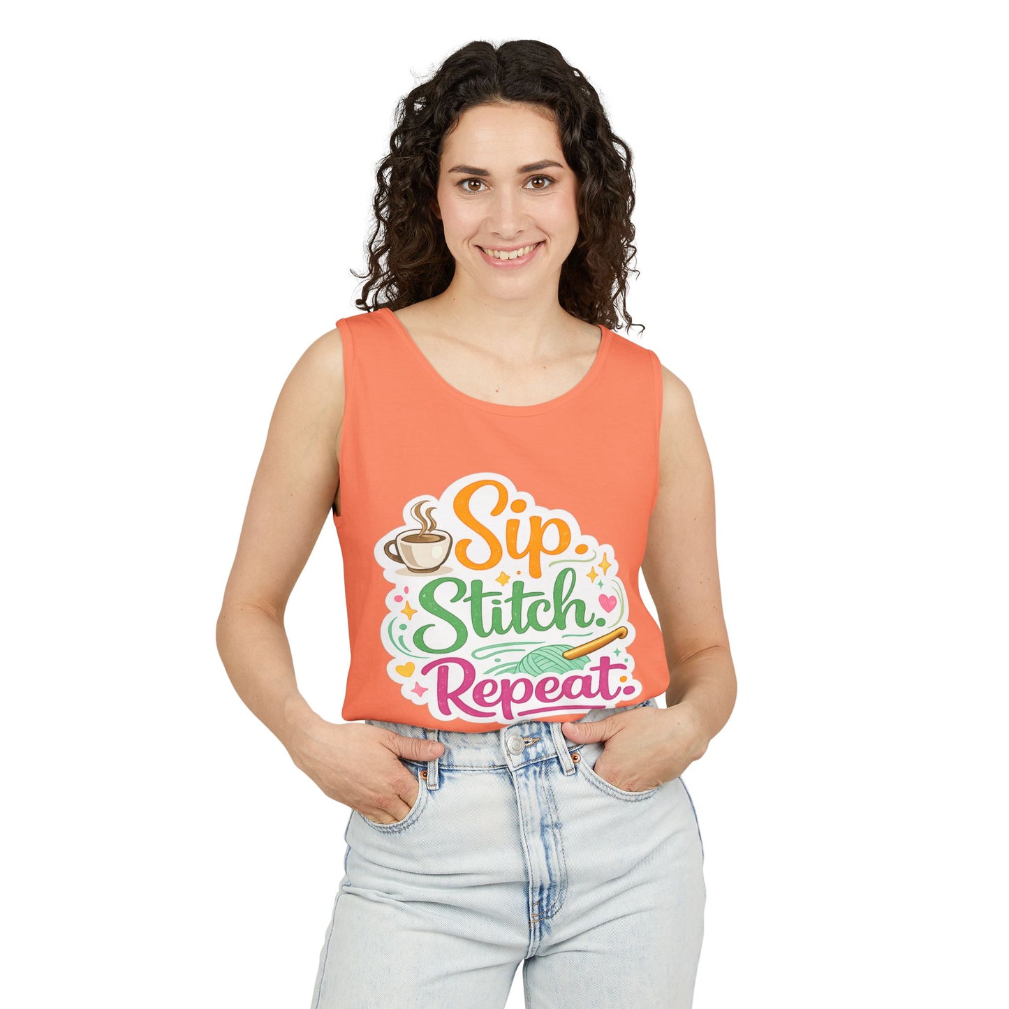 Sip. Stitch. Repeat.™ Tank Top – Crochet & Knitting Tank | Coffee Lover Craft Shirt