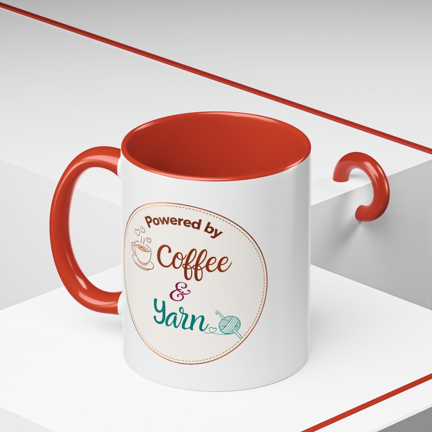 Right-Handed “Powered by Coffee & Yarn” Accent Mug – Crochet & Knitting Lover Coffee Cup, Crafter Gift, Dishwasher & Microwave Safe Ceramic Mug (11oz, 15oz)