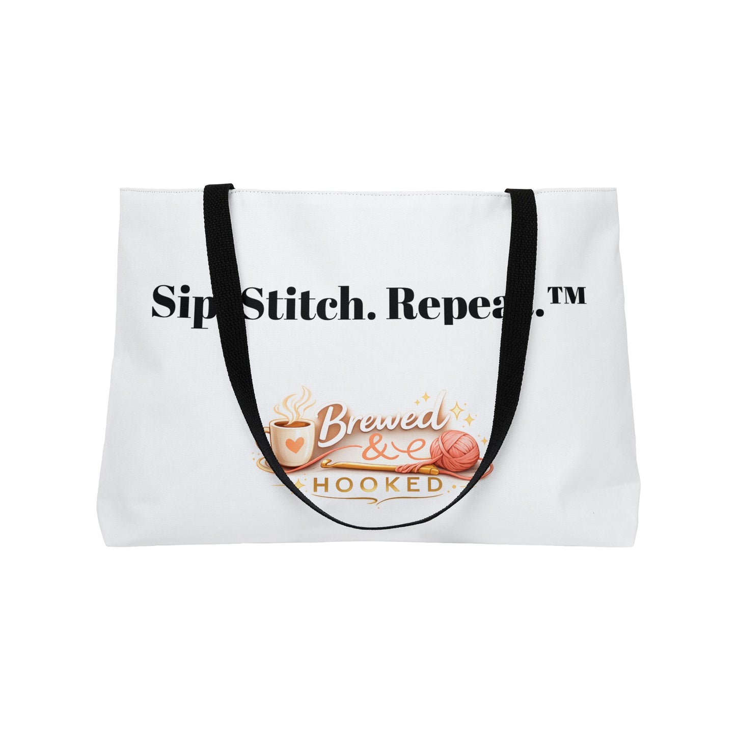 Sip. Stitch. Repeat™ Weekender Tote Bag – Crochet & Knitting Project Bag for Yarn, Craft Supplies, Coffee Lover Gift | Brewed & Hooked