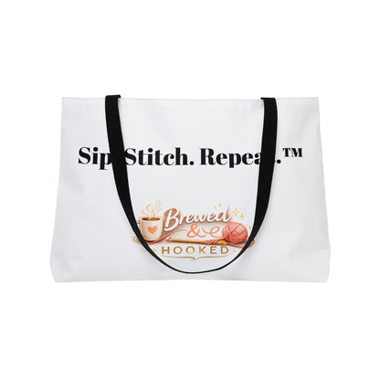 Sip. Stitch. Repeat™ Weekender Tote Bag – Crochet & Knitting Project Bag for Yarn, Craft Supplies, Coffee Lover Gift | Brewed & Hooked