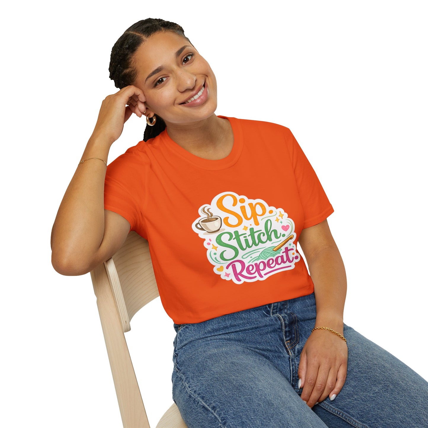Sip. Stitch. Repeat.™ T-Shirt — Cute Crochet Knitting Crafter Tee