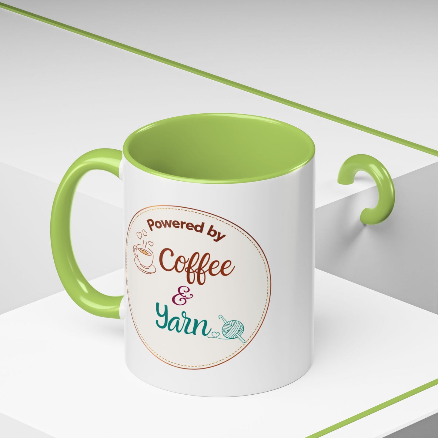 Right-Handed “Powered by Coffee & Yarn” Accent Mug – Crochet & Knitting Lover Coffee Cup, Crafter Gift, Dishwasher & Microwave Safe Ceramic Mug (11oz, 15oz)