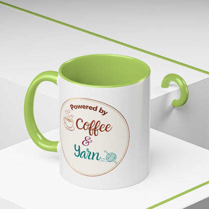 Right-Handed “Powered by Coffee & Yarn” Accent Mug – Crochet & Knitting Lover Coffee Cup, Crafter Gift, Dishwasher & Microwave Safe Ceramic Mug (11oz, 15oz)