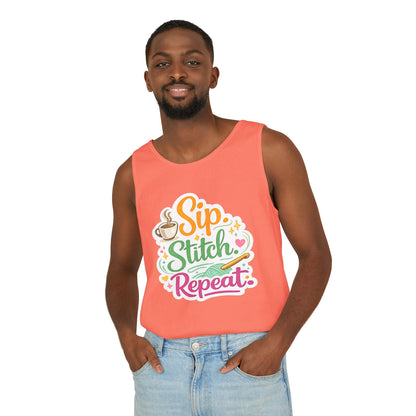 Sip. Stitch. Repeat.™ Tank Top – Crochet & Knitting Tank | Coffee Lover Craft Shirt