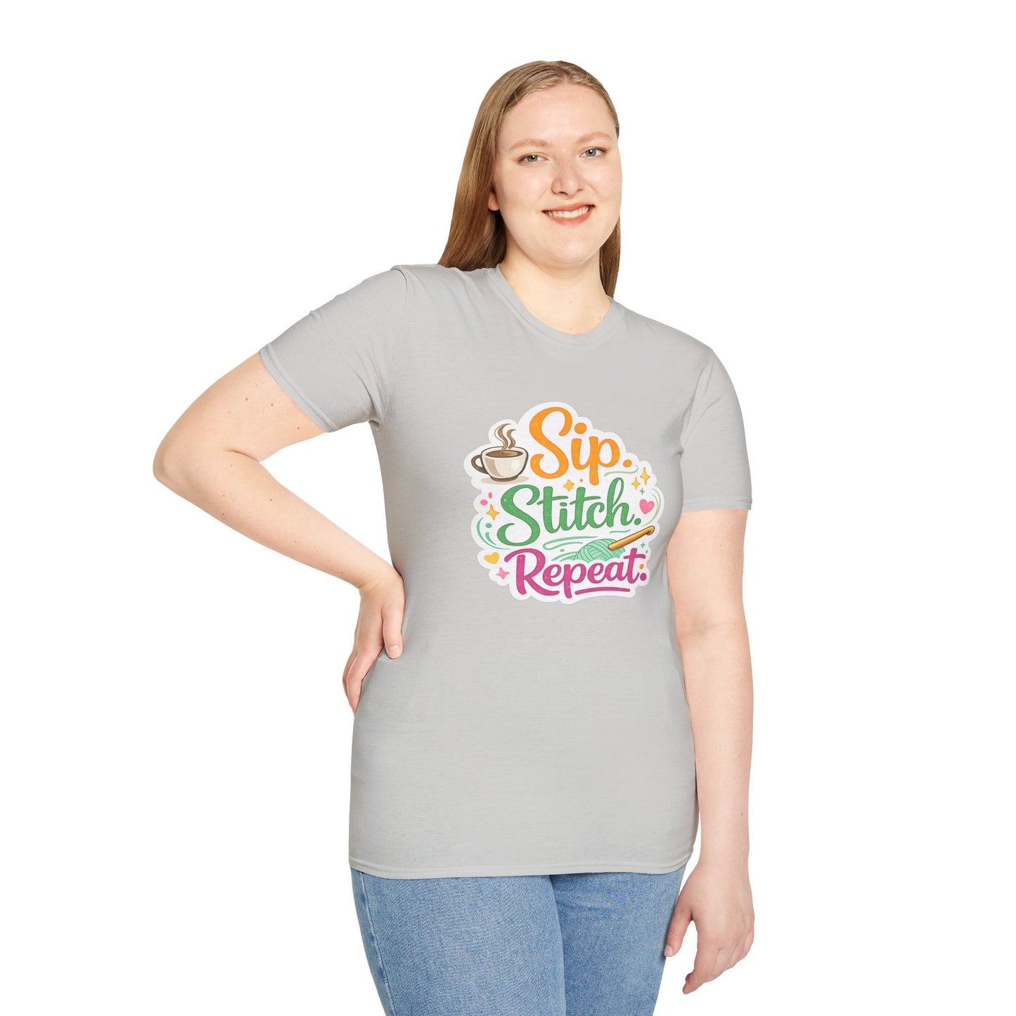 Sip. Stitch. Repeat.™ T-Shirt — Cute Crochet Knitting Crafter Tee