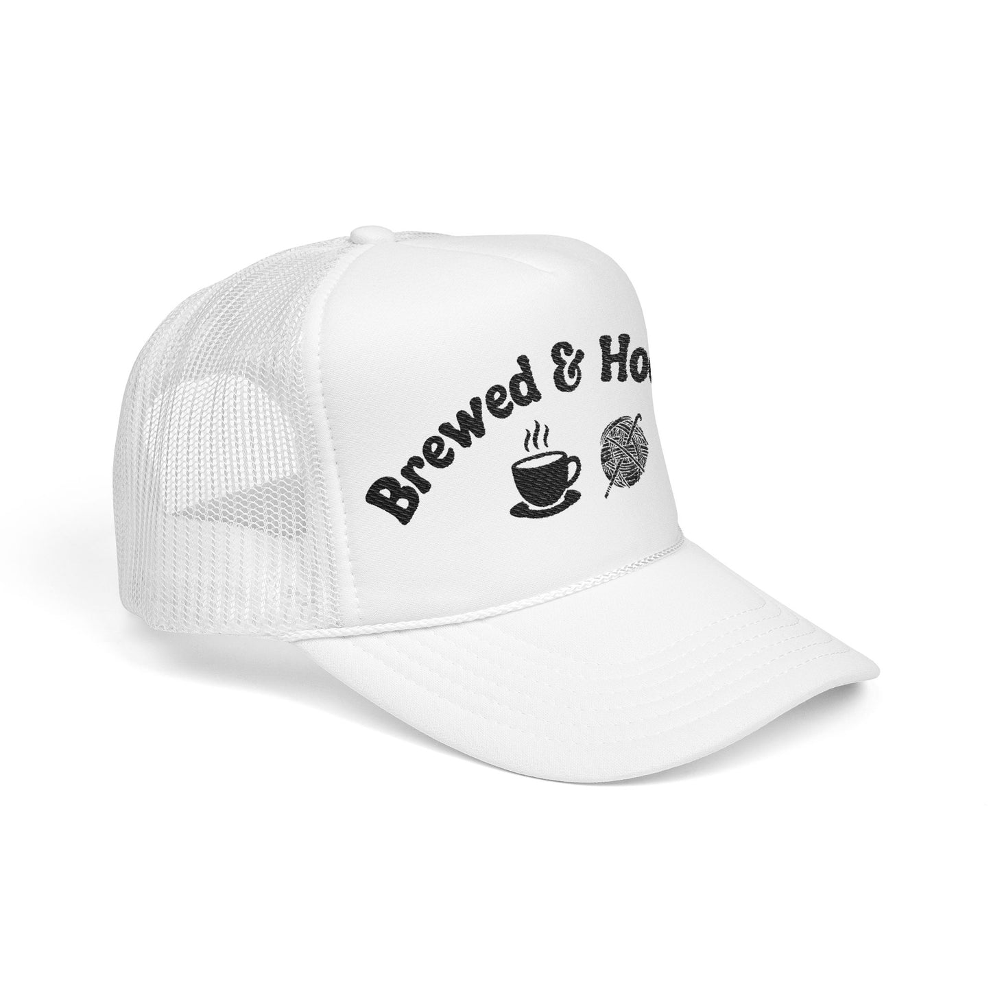 Brewed & Hooked Trucker Hat – Coffee & Yarn Crochet & Knitting Cap | Coffee Lover Craft Snapback Hat