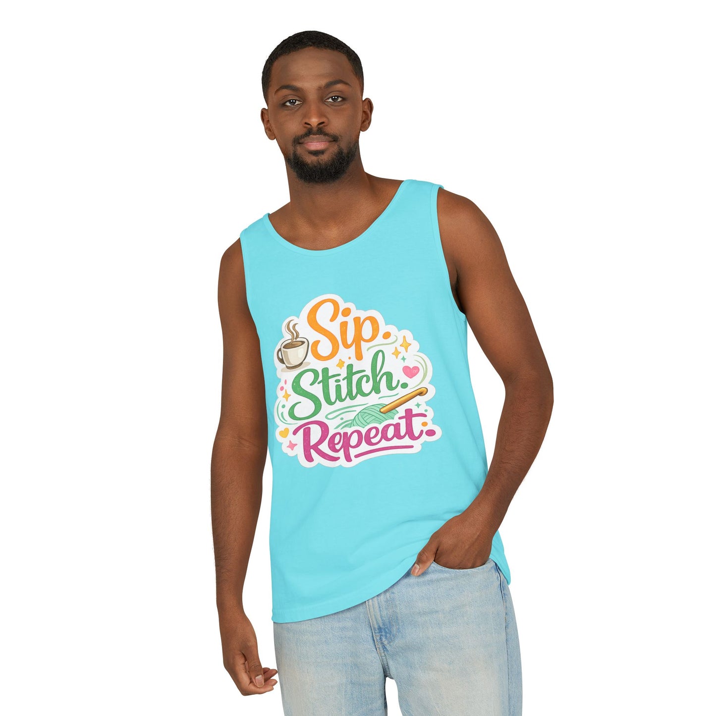 Sip. Stitch. Repeat.™ Tank Top – Crochet & Knitting Tank | Coffee Lover Craft Shirt