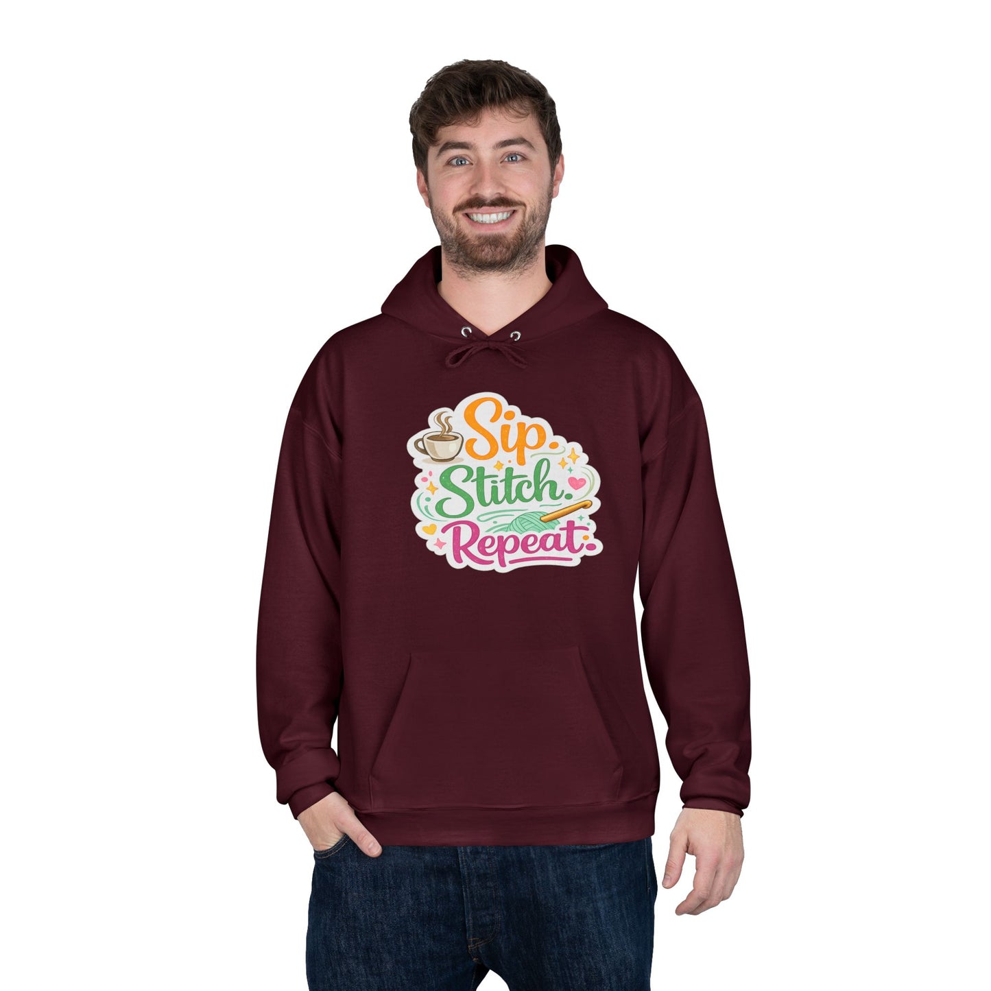 Sip. Stitch. Repeat.™ Hoodie – Cozy Crochet & Coffee Pullover for Makers | Yarn Lover Craft Hoodie