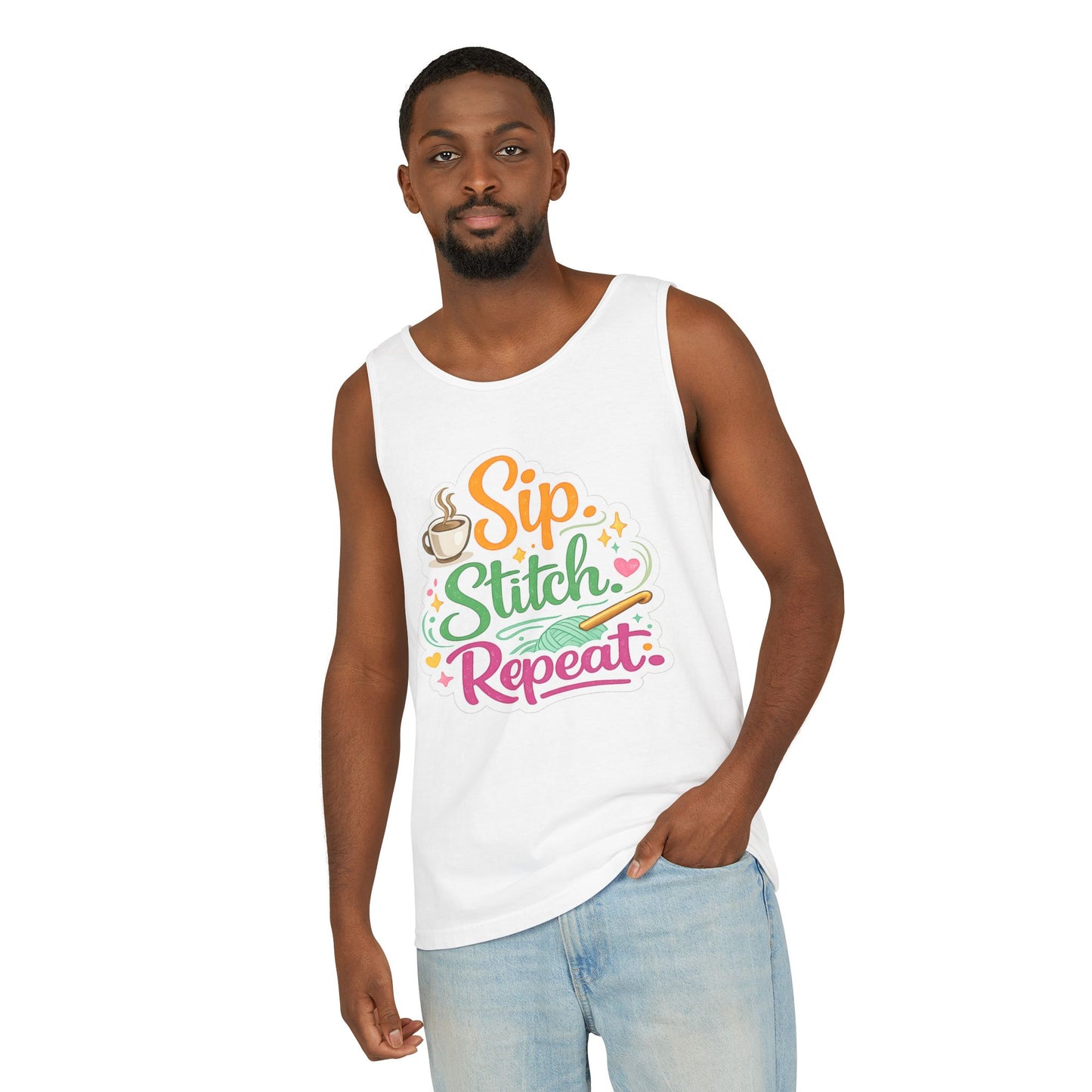 Sip. Stitch. Repeat.™ Tank Top – Crochet & Knitting Tank | Coffee Lover Craft Shirt