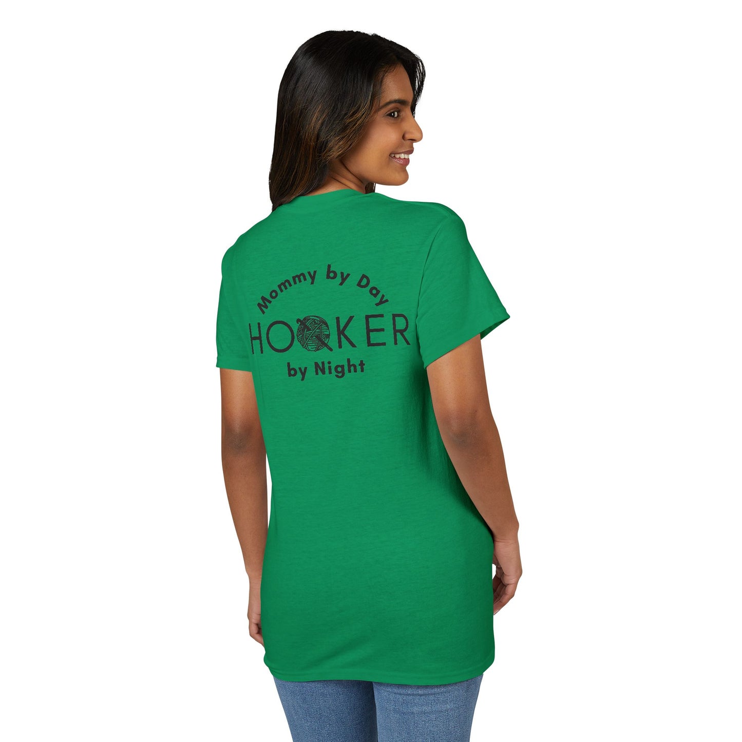 Mommy by Day, Hooker by Night Crochet Humor T-Shirt – Funny Yarn Lover Mom Tee for Crocheters & Knitters