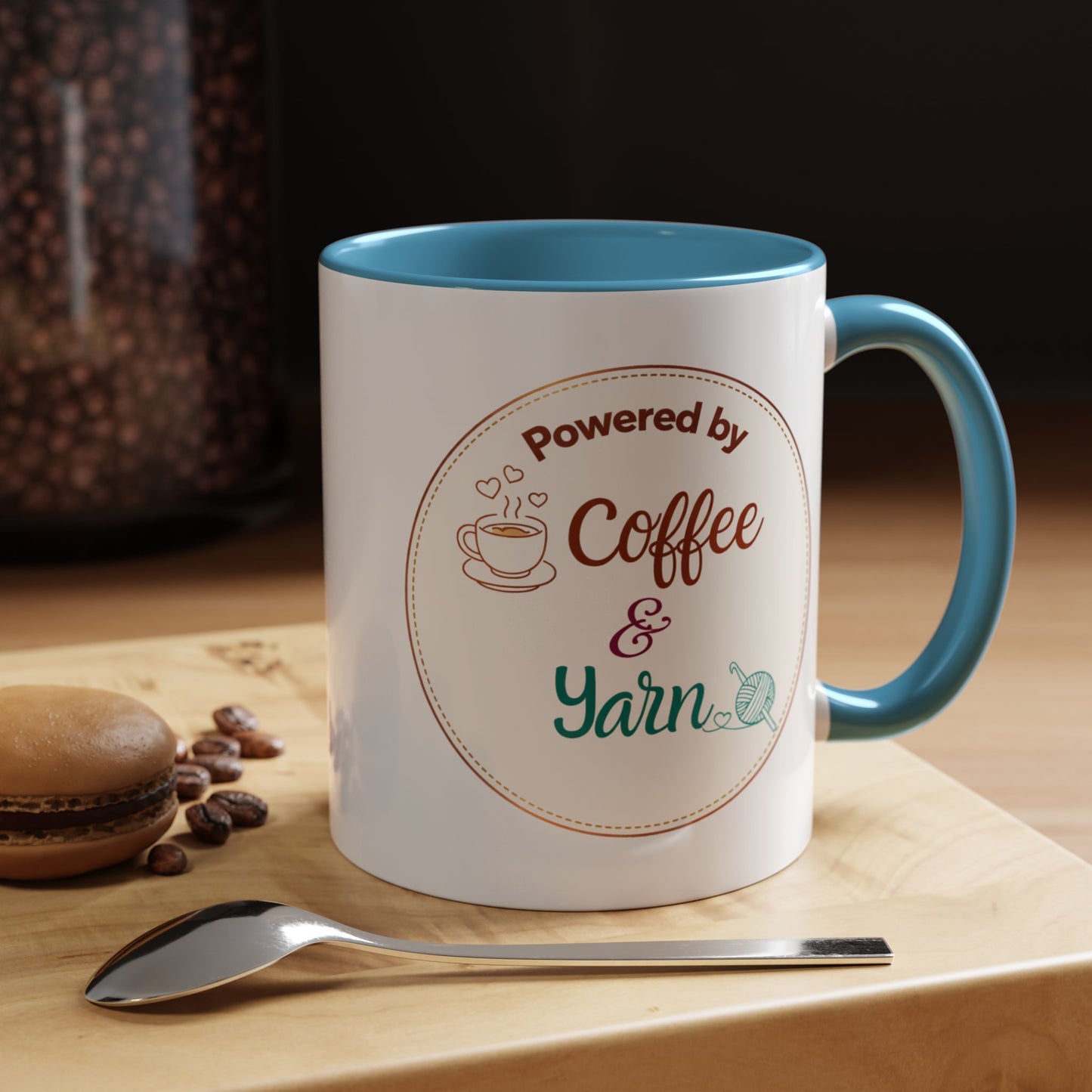 Left-Handed Coffee & Yarn Mug – “Powered by Coffee & Yarn” Accent Ceramic Mug for Crocheters & Knitters (11oz / 15oz)