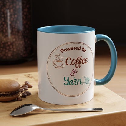 Left-Handed Coffee & Yarn Mug – “Powered by Coffee & Yarn” Accent Ceramic Mug for Crocheters & Knitters (11oz / 15oz)